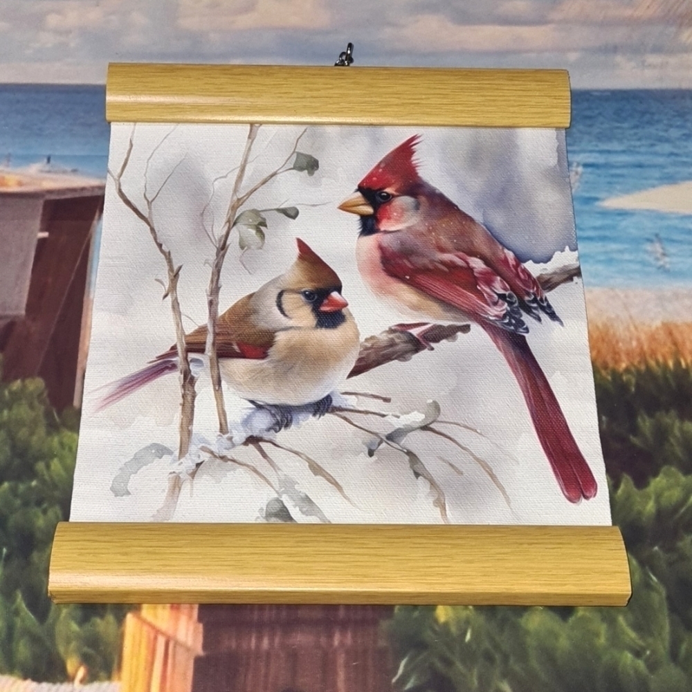 Northern Red Cardinal with Female Love Birds Hanging‎ Canvas Watercolor